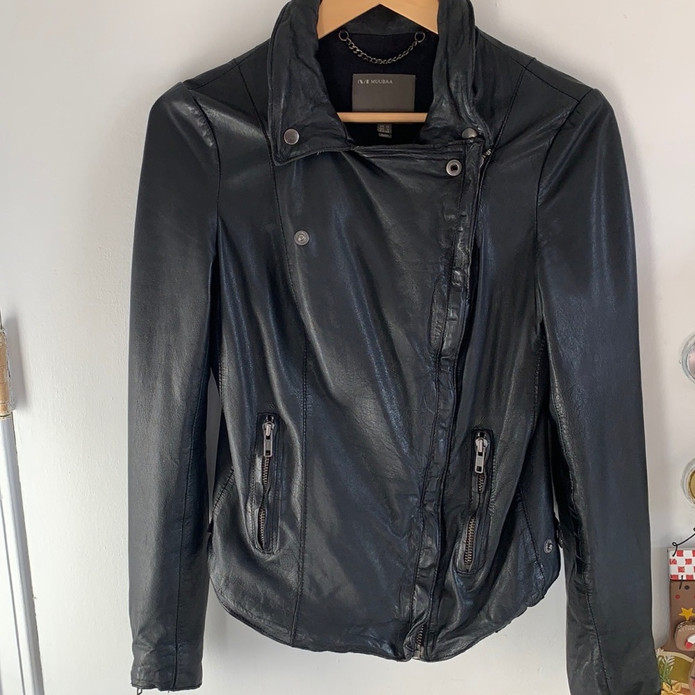 Muubaa Black Leather Moto Jacket Asymmetrical Design